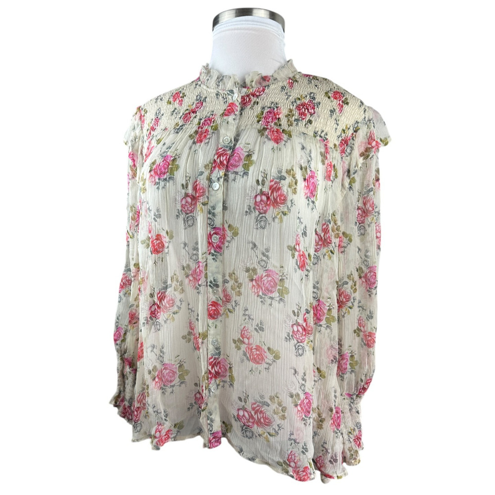 Sundance Amelia Floral Sheer Smocked Blouse Prairie Cottage Button Top Large - Picture 3 of 16